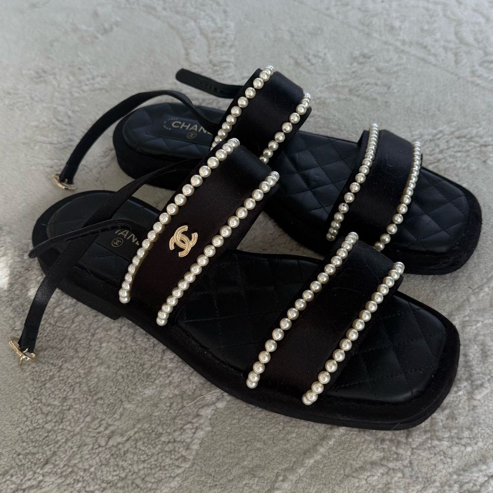 Chanel Black Sandals with Pearl Detailing